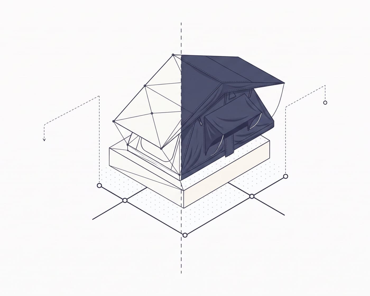 A rooftop tent split down the middle: one half crude and blocky, the other smooth canvas with real folds, seams and a zip.