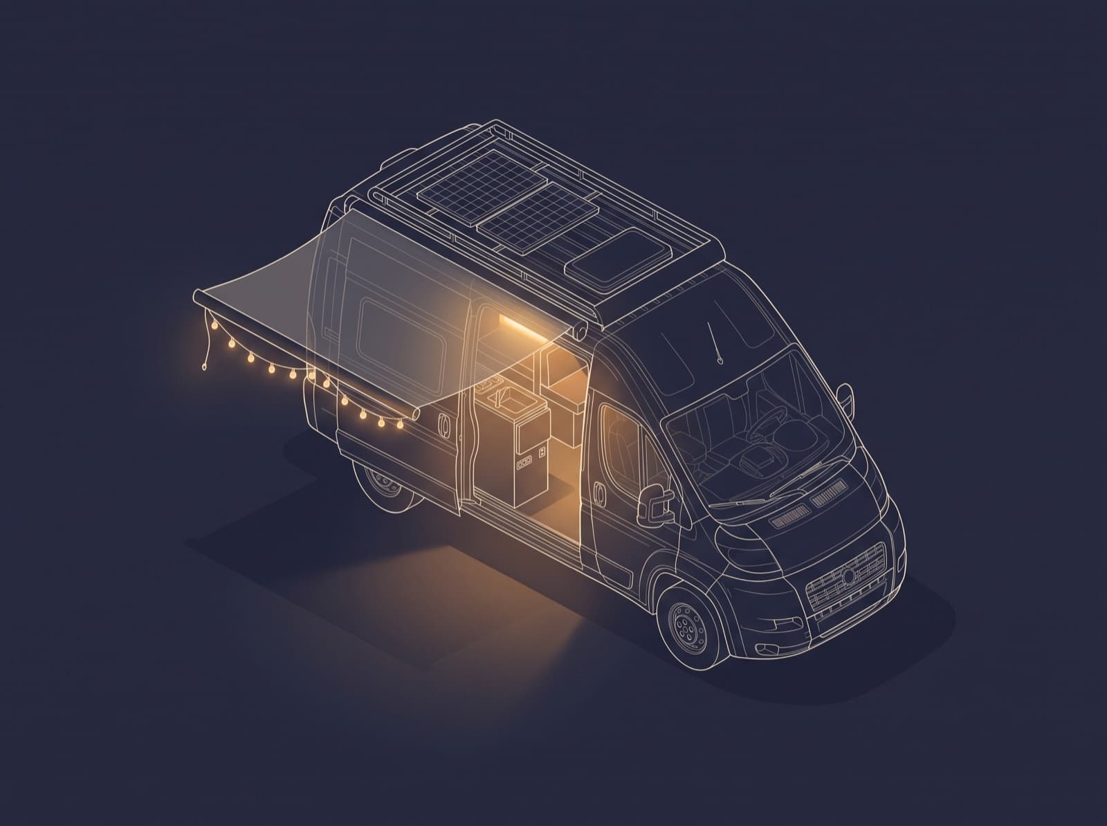 A line drawing of a camper van at night, door open, lit warm from inside and under its awning.