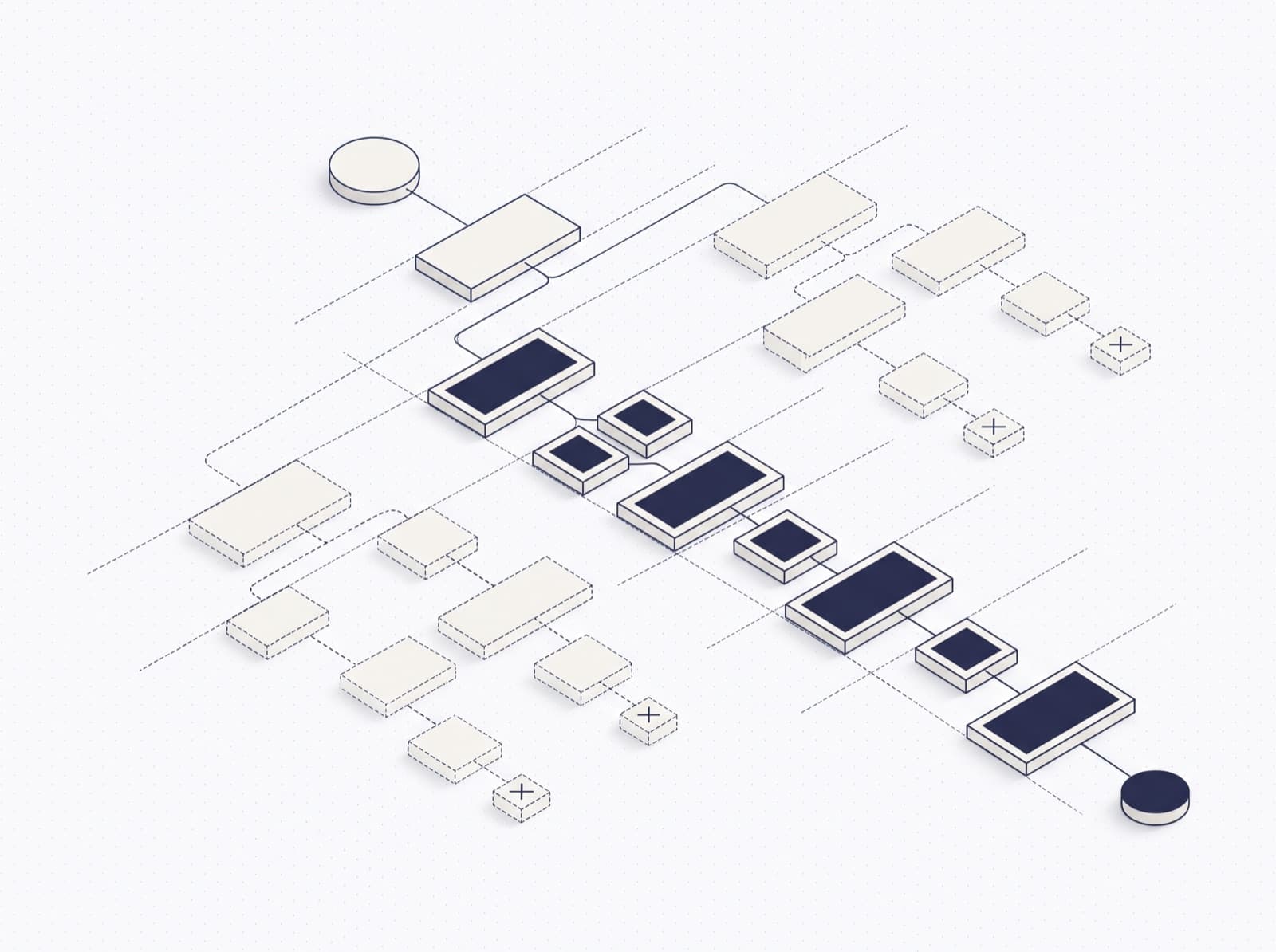 A schematic decision tree of options, one path traced through it and the branches the rules block crossed out.