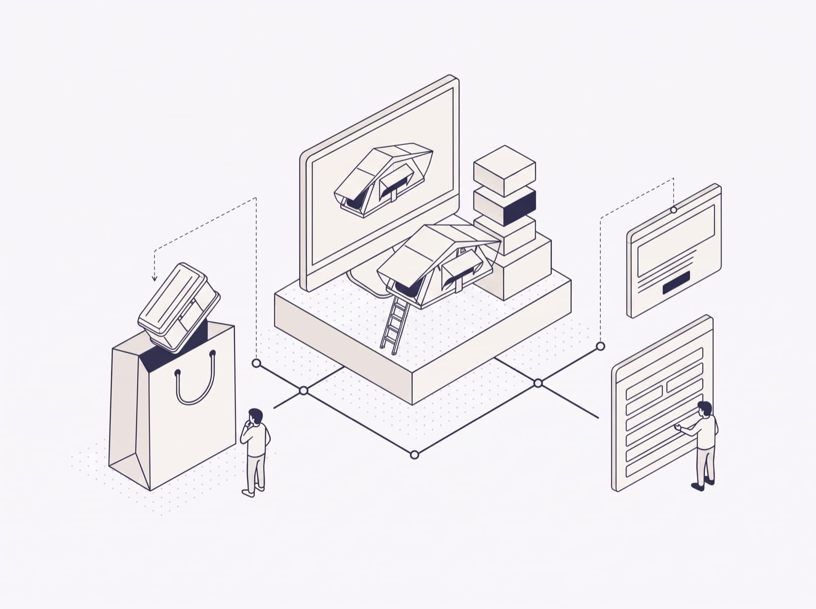 One rooftop tent configurator branching two ways: a finished build dropping into a shopping bag, and a standalone page with a quote form.