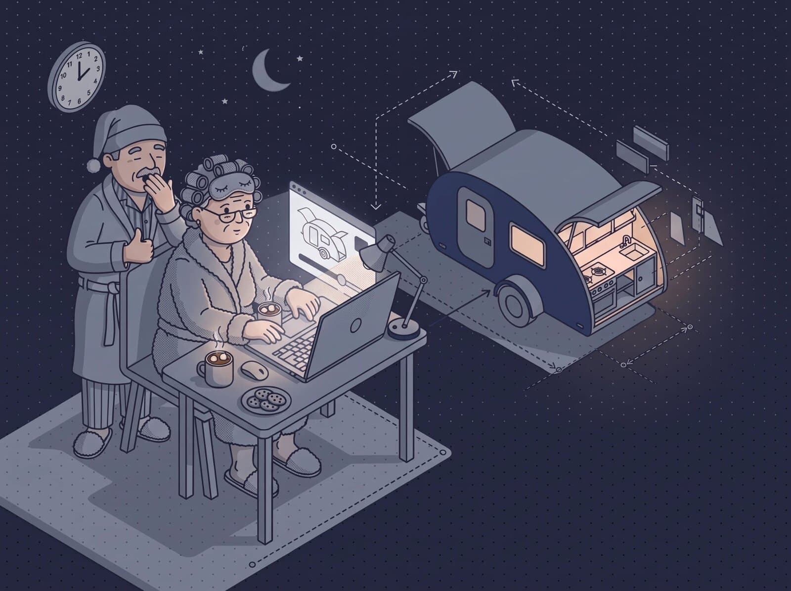An older couple at a desk with tea and biscuits: she moves a slider on the laptop, he gives a thumbs up, and the teardrop trailer beside them updates.