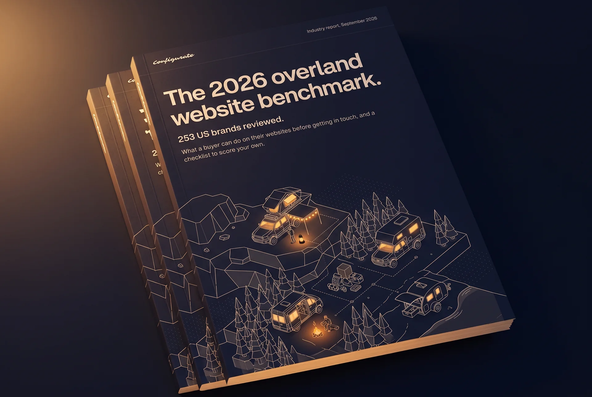 A stack of printed copies of the 2026 overland website benchmark, the top one showing its cover.